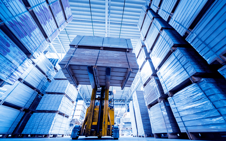 Forklift loader in storage warehouse shipyard. warehousing and distribution