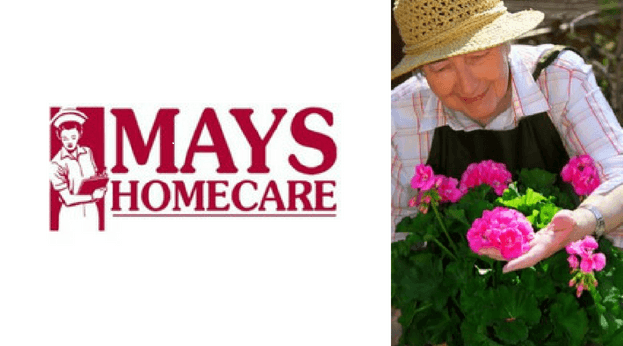 Mays Homecare Logo with a woman in the garden picking flowers