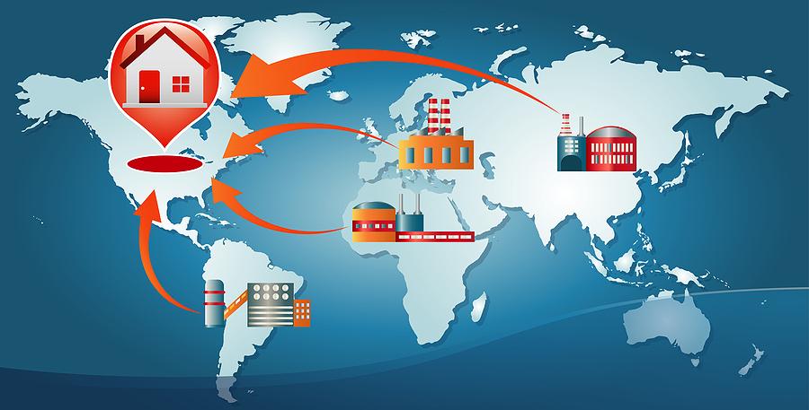 Reshoring concept. Local production. Factories companies come home. Increased protectionism. Local production self-sufficiency. Automated supply chain. Avoid production chain disruption for Warehouse and Distribution