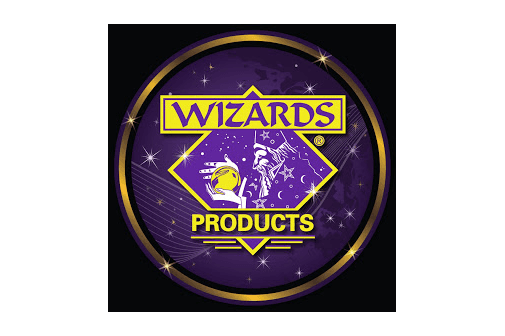 Wizards Products logo in purple diamond design and gold trim
