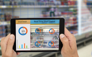 smart retail concept A store's manager can check what data of real time insights into shelf status which report on a tablet from artificial intelligence(ai) smart robot while scanning goods and price