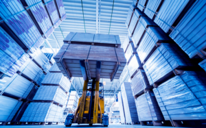 Forklift loader in storage warehouse shipyard. warehousing and distribution