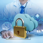 medical professional using software with large virtual clouds and lock over the top