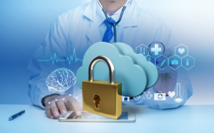 medical professional using software with large virtual clouds and lock over the top