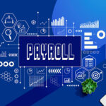 Payroll theme with a laptop computer on a blue and green pattern background