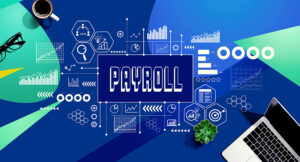 Payroll theme with a laptop computer on a blue and green pattern background