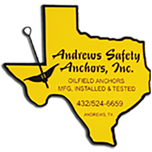 A yellow Texas shaped logo representing Andrew's Anchors with black anchor shapes flanking text